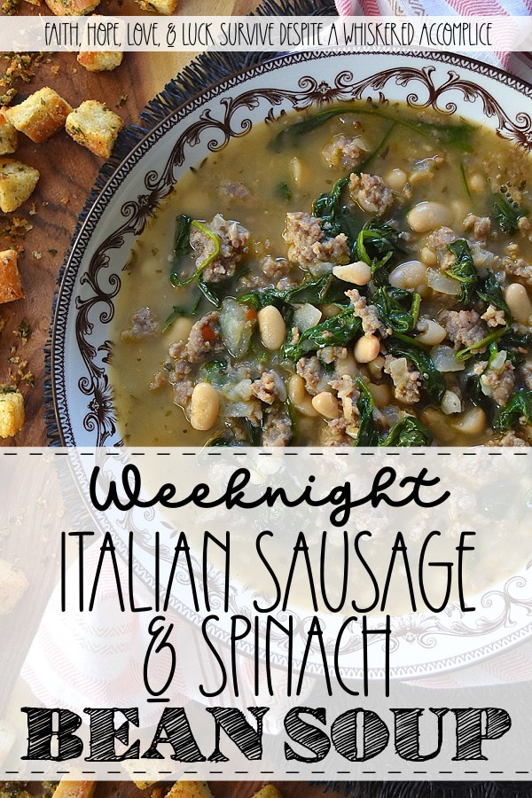 Weeknight Italian Sausage & Spinach Bean Soup - Loaded with savory mild Italian sausage, creamy canned beans, and tender baby spinach, this Italian herb-infused soup is simple to make, budget-friendly, and easy to adapt. You can use homemade or store-bought chicken broth, or even add more vegetables like carrot, butternut squash, or sweet potato. Finish this bean soup with a generous sprinkle of freshly grated Parmesan or a handful of crunchy, simple homemade baked croutons for an effortless one-pot meal that turns a chaotic weeknight into a cozy night in.