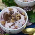 Strawberry Sauce Reese's Ice Cream - Strawberry sauce and roughly chopped Reese's Peanut Butter Cups come together to form the most perfect frozen ice cream treat. This ice cream is sweet, fruity, peanut buttery, and slightly salty. It's everything you could ever wish for in a chocolaty peanut butter and jelly ice cream.