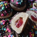 Chocolate-Covered Cherry Bon Bon Cookies - These heavenly chocolate-covered bon bon cookies are filled with a sweet surprise. Tucked inside each one is a maraschino cherry, just waiting for you to discover it. And, after each cookie is dipped in melted dark chocolate and topped generously with sprinkles, I think you'll agree that these amazing cookies are pretty hard to resist.