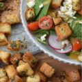 Baked Homemade Buttery Herb Croutons - Tired of the same old salads? These incredibly delicious, homemade baked croutons are buttery and flavorful while adding the perfect crunch to almost any salad. After being cubed and tossed with an herb-infused savory butter mixture, white sandwich bread is baked to golden brown crunchy toasted crouton perfection. With these irresistible homemade croutons, you'll discover there's no such thing as a boring salad.